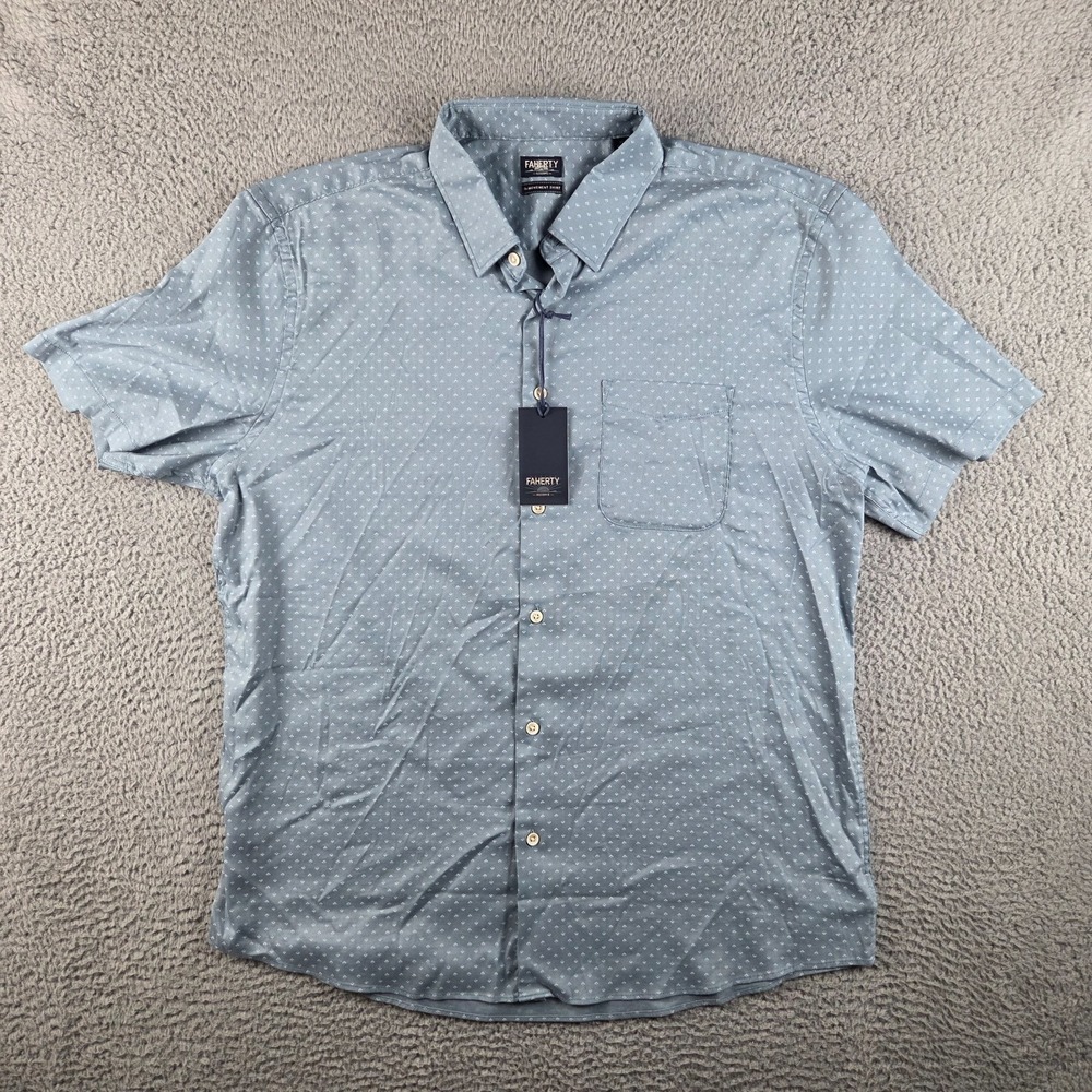 NWT Mens Faherty Short-Sleeve Movement Monterey Shirt Teal Shell Beach XL